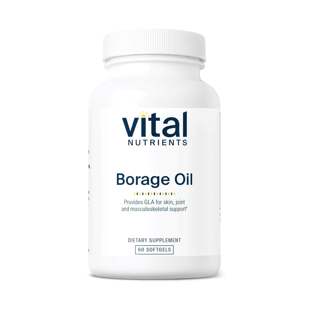 Vital Nutrients Borage Oil 1000mg bottle offering skin support and antioxidant potential.