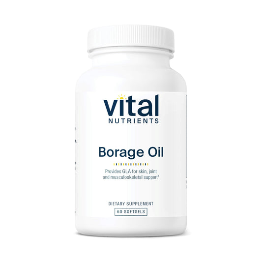 Vital Nutrients Borage Oil 1000mg bottle offering skin support and antioxidant potential.