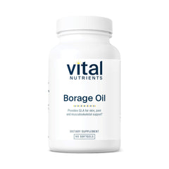 Vital Nutrients Borage Oil 1000mg bottle offering skin support and antioxidant potential.