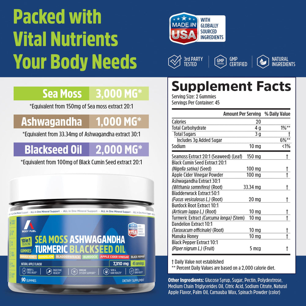 A1 Body Fuel Sea Moss Gummies apple cider vinegar visual suggests metabolism support and detox potential.