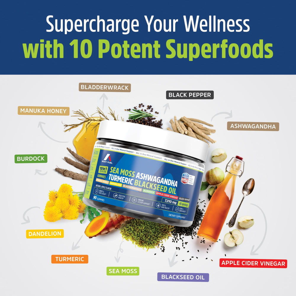 A1 Body Fuel Sea Moss Gummies ginger-turmeric image highlights potential anti-inflammatory support.