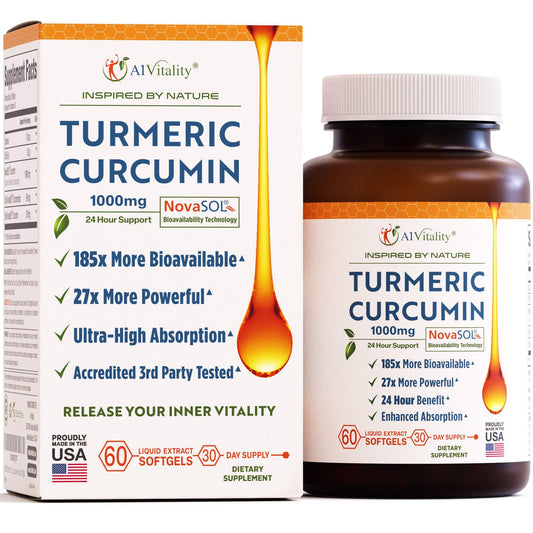 A1Vitality NovaSOL Turmeric bottle on white, signaling premium daily wellness