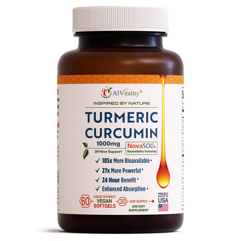 A1Vitality vegan turmeric curcumin NovaSOL bottle showing easy-to-swallow softgels.