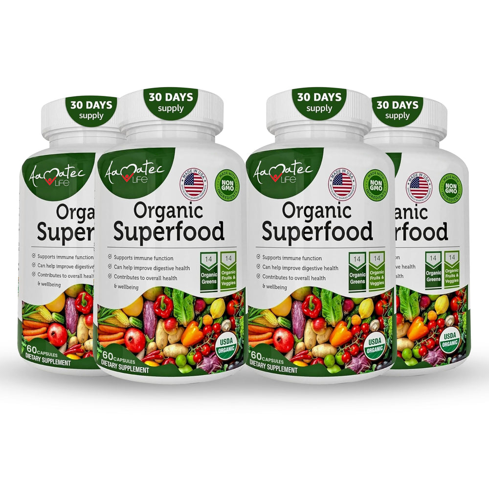 AAMATEC LIFE Organic Superfood Greens bottle front for daily wellness support