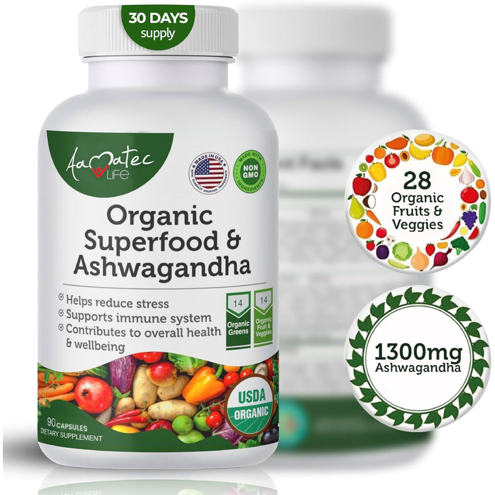 AAMATEC LIFE organic greens bottle showing the product label for daily nourishment