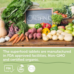 AAMATEC LIFE Organic Superfood ingredients panel close-up with organic seals