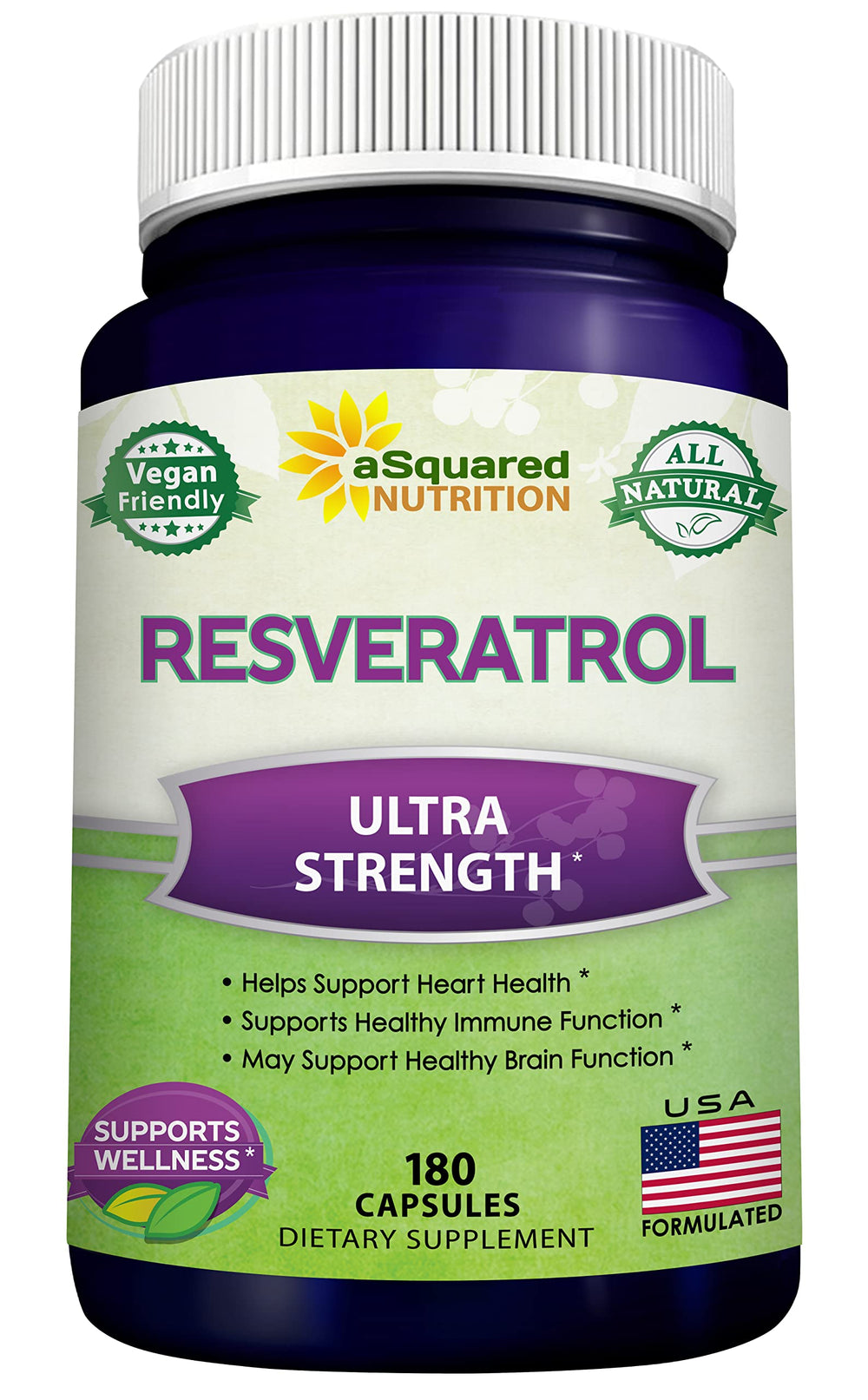 aSquared Nutrition Resveratrol bottle front showing max strength 1000mg per serving for daily support