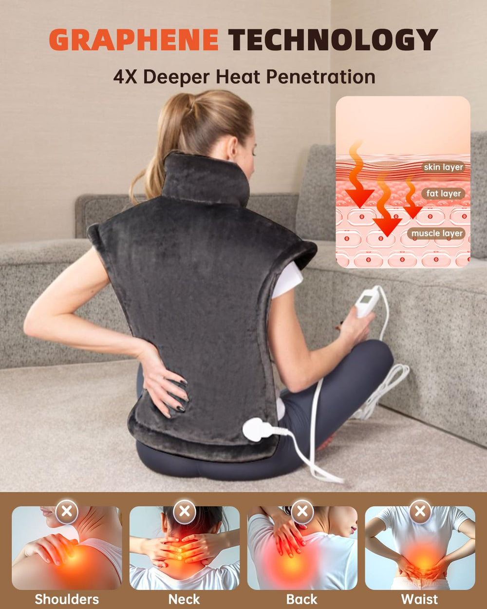 AASSOO graphene heating pad close-up highlights graphene heating technology for deep warmth