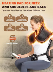 AASSOO heating pad draped over shoulders demonstrating large upper-body coverage