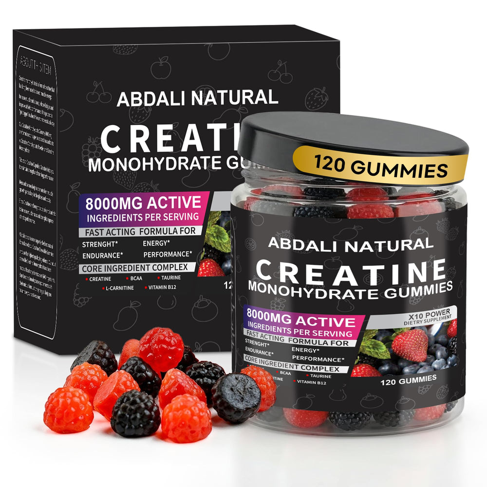 ABDALI NATURAL Creatine Gummies bottle shows 8000 mg serving size for on the go energy.