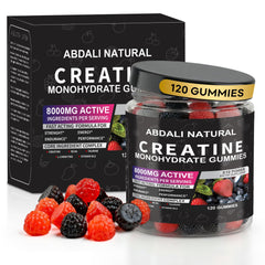 ABDALI NATURAL Creatine Gummies bottle shows 8000 mg serving size for on the go energy.