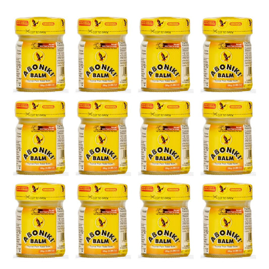 Aboniki balm twelve-pack jars for long-term support.