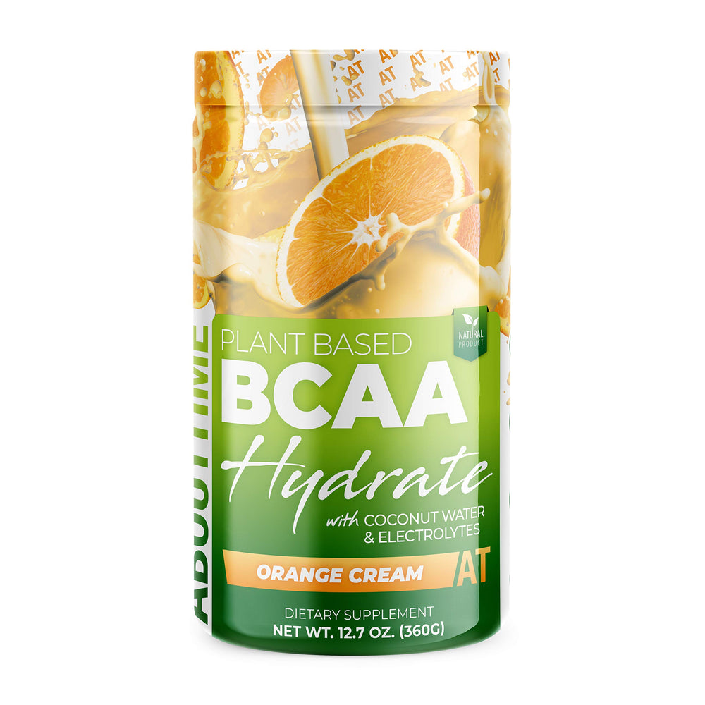 About Time BCAA Hydration Orange Cream tub showing minimal ingredients