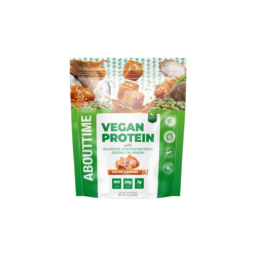 About Time salted caramel protein tub shows clean ingredients and packaging for everyday shakes.