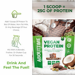 About Time vegan protein powder chocolate back-of-label highlights nutrition details.