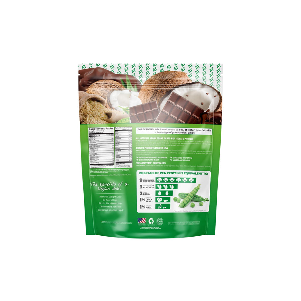 About Time vegan protein powder chocolate scoop measuring a serving for portion control.