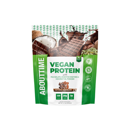 About Time vegan protein powder chocolate tub ready for a quick smoothie.