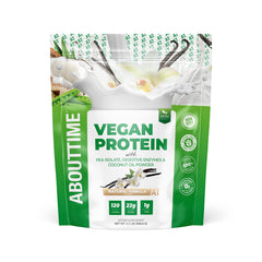About Time Vanilla vegan protein bottle shows clean ingredients for a versatile daily protein boost.