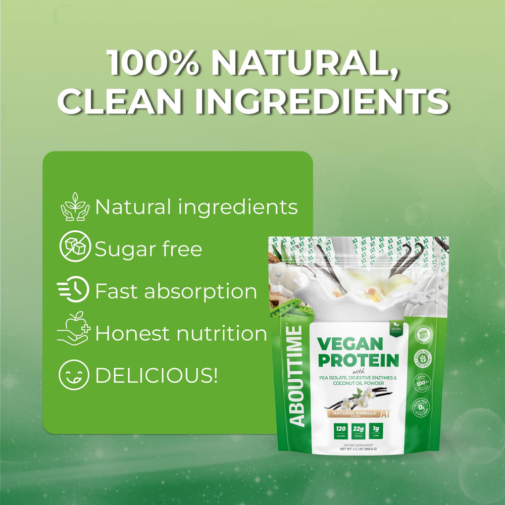 Packaging label on About Time Vanilla vegan protein emphasizing ingredients and flavor.