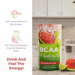 About Time BCAA Hydration Watermelon Lime cold drink with ice enhances flavor