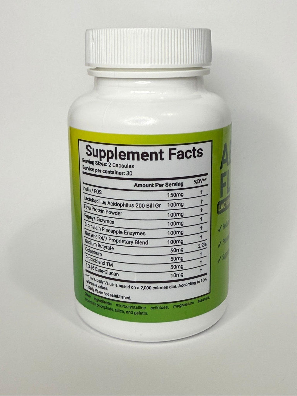 ABSFLAT Lactobacillus Acidophilus capsules close-up for gut health.