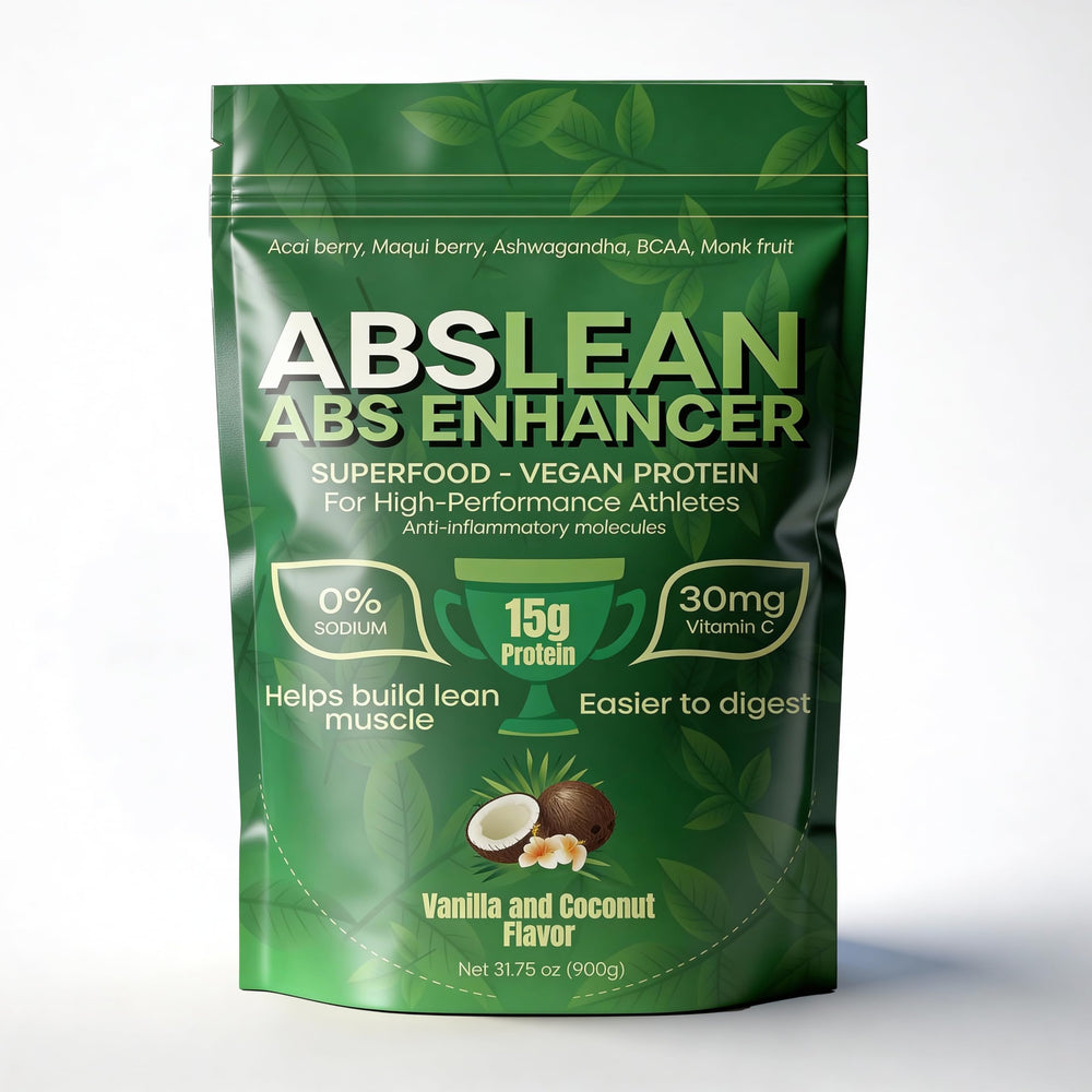 ABSLEAN vegan protein bottle on countertop, ideal for convenient daily protein and inflammation-friendly nutrition.