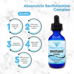 GMP-certified badge with Absonutrix Benfotiamine Complex packaging
