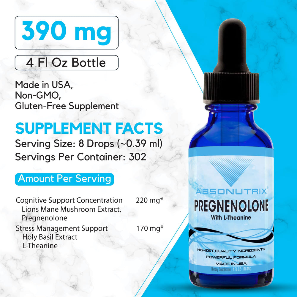 Absonutrix Pregnenolone-L-Theanine drops dispense for easy daily dosing and fast uptake.
