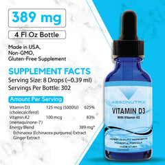 Absonutrix Vitamin D3 K2 Drops dropper demonstrates easy dosing for consistent nutrient intake.