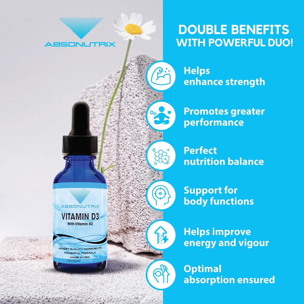Absonutrix Vitamin D3 K2 Drops GMP facility badge emphasizes quality control.