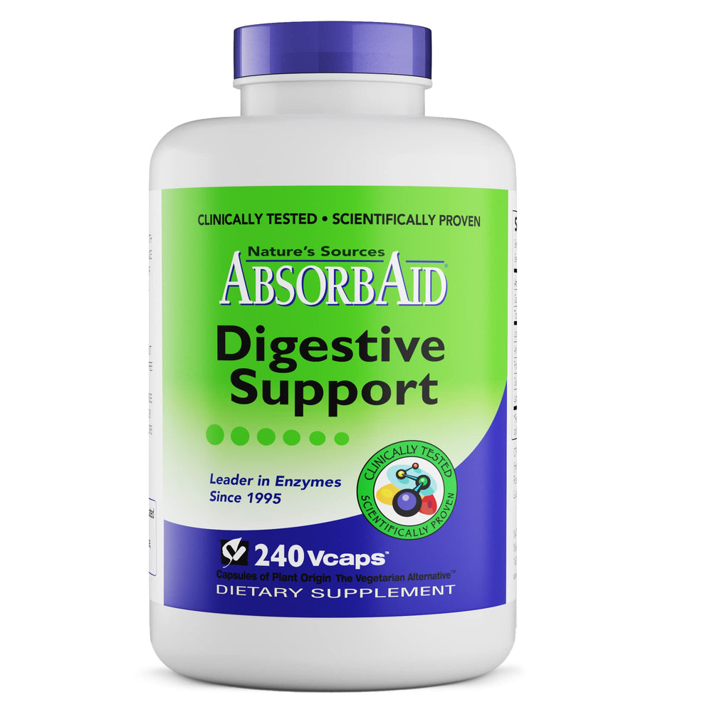AbsorbAid Digestive Enzymes bottle with capsules for enhanced nutrient absorption.