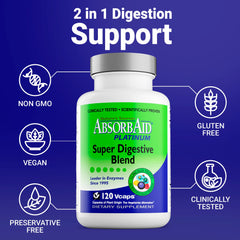 AbsorbAid Platinum bottle detail illustrating a broad enzyme spectrum for meals.