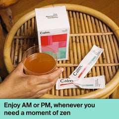 Packaging close-up of Calm Drink Mix showing 28 sticks for on-the-go calm.