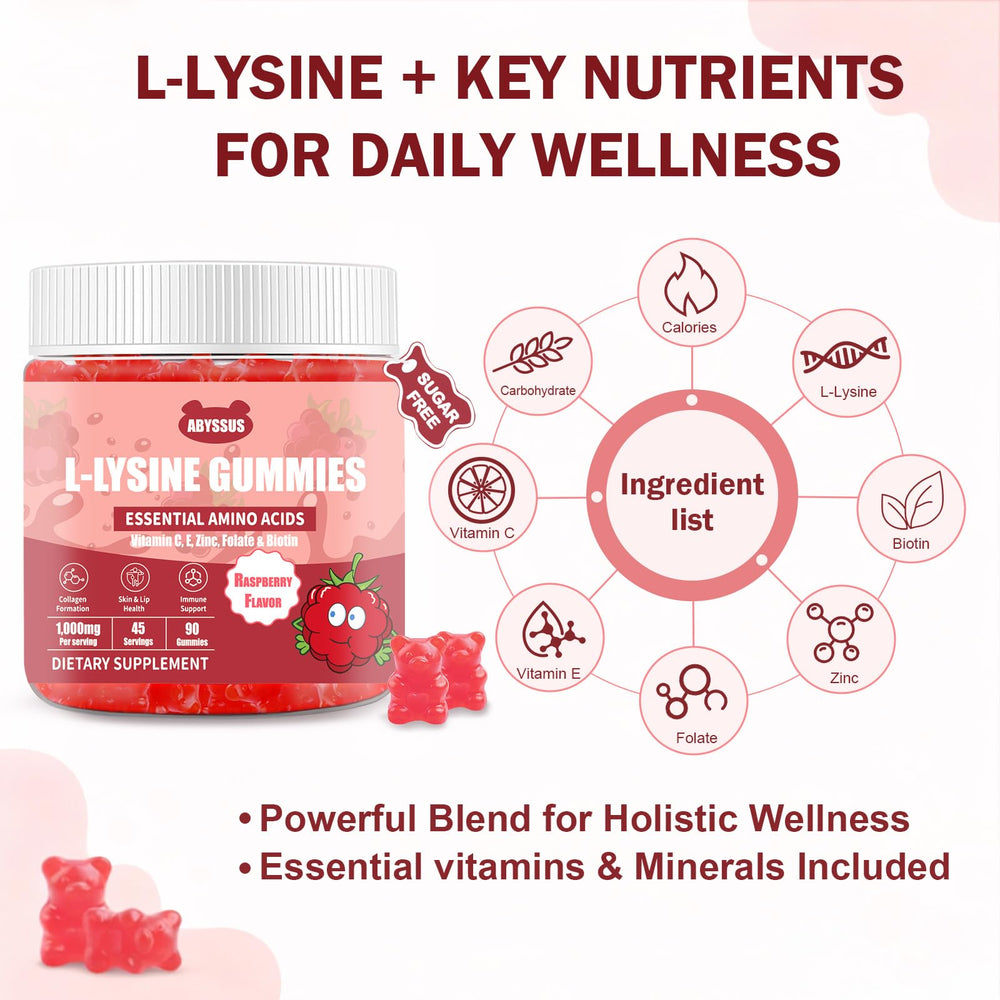 ABYSSUS Lysine bottle label emphasizes zinc, vitamin C and folate support.