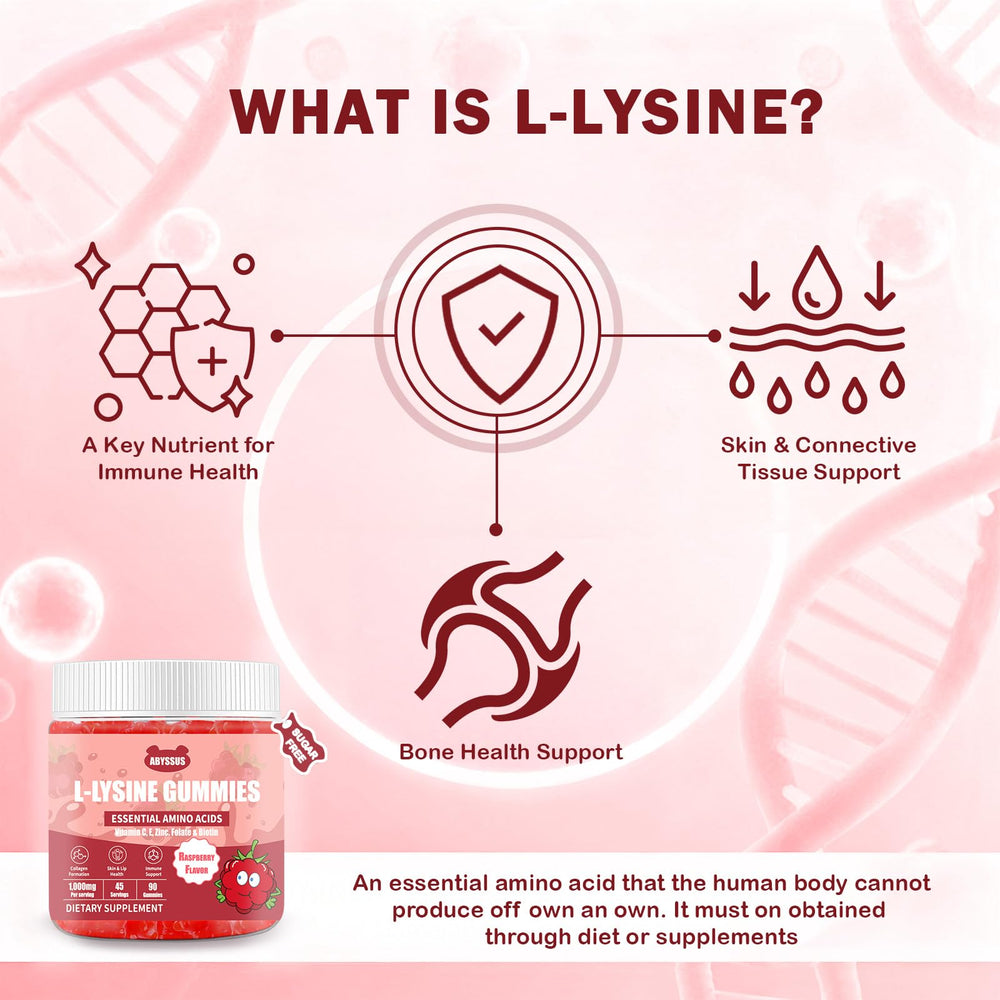 ABYSSUS Lysine gummies closeup highlights chewy texture and sugar-free formulation.
