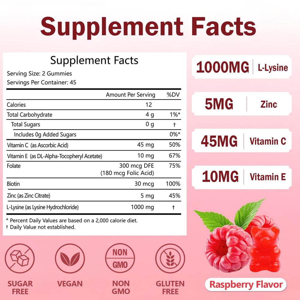 ABYSSUS Lysine gummies ingredients panel shows plant-based pectin and vegan formula.