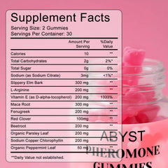 ABYST pheromone gummies close-up showing strawberry flavor and chewy texture.