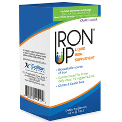 A.C. Grace Iron Up bottle label close-up shows concentrated formula for small-dose use.