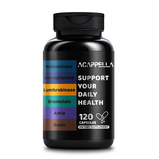 ACAPPELLA nattokinase bromelain bottle showing a potent digestive enzyme blend.