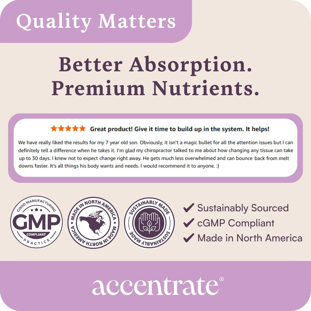 Accentrate easy swallow kid-friendly pills shown for daily use.