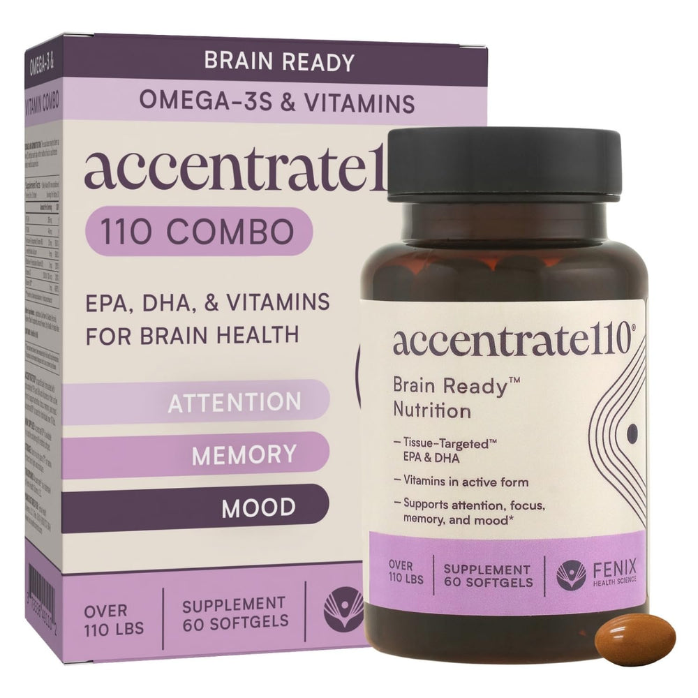 Accentrate110 bottle front view with capsules, for daily focus support.