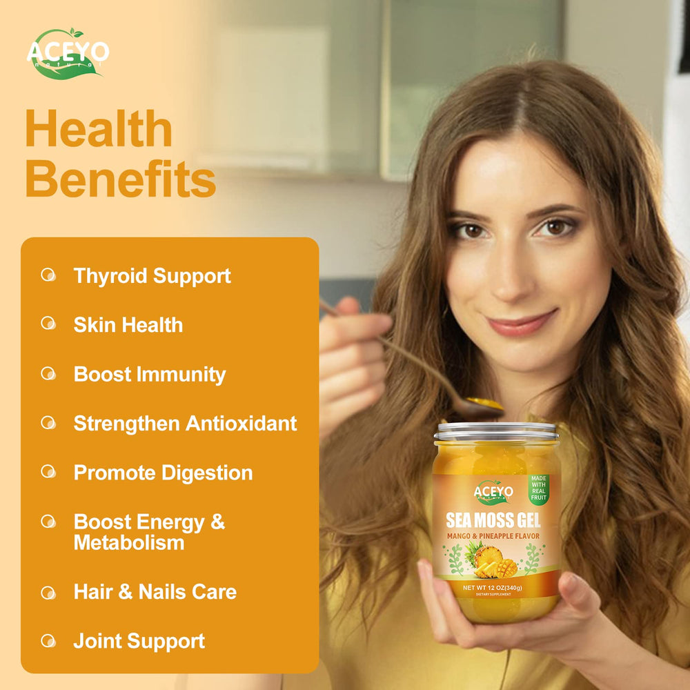ACEYO Irish Sea Moss Gel mango pineapple label—clear ingredients and safety notes