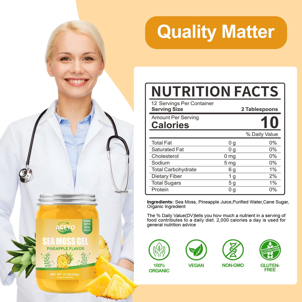 ACEYO Sea Moss Gel ingredients label emphasizing gluten-free and non-GMO qualities.