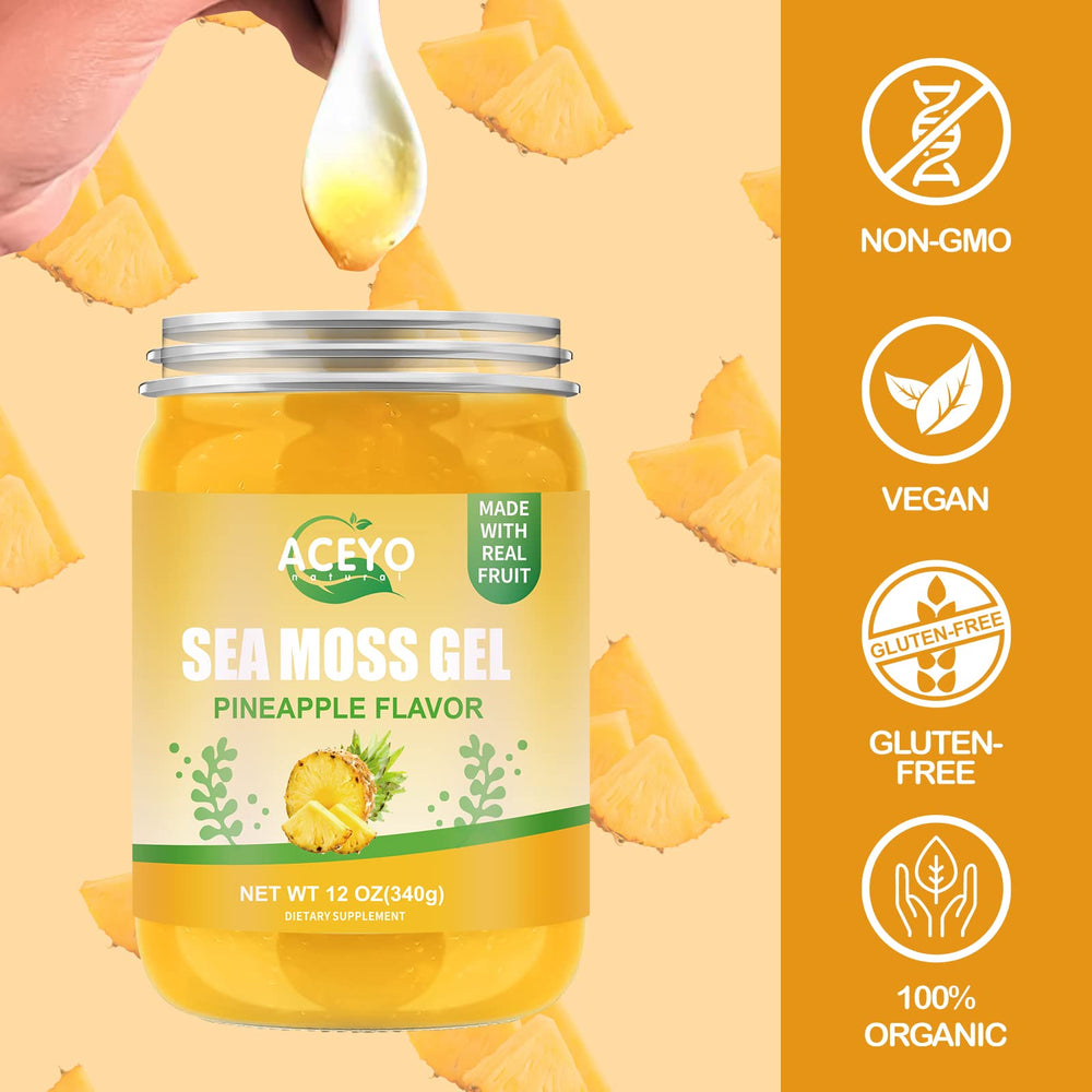 ACEYO Sea Moss Gel smoothie mix shown in glass with pineapple notes for daily vitality.