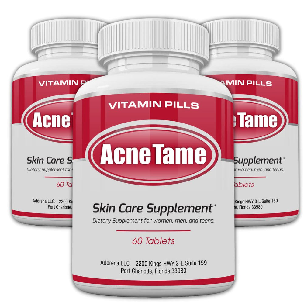 Acnetame Acne Tame 3-pack bottle front for daily skin support.
