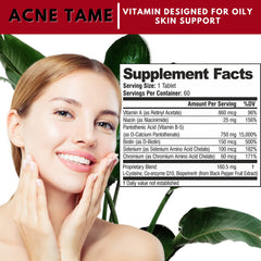 Acnetame Acne Tame bottle label highlights key skin-supporting ingredients.