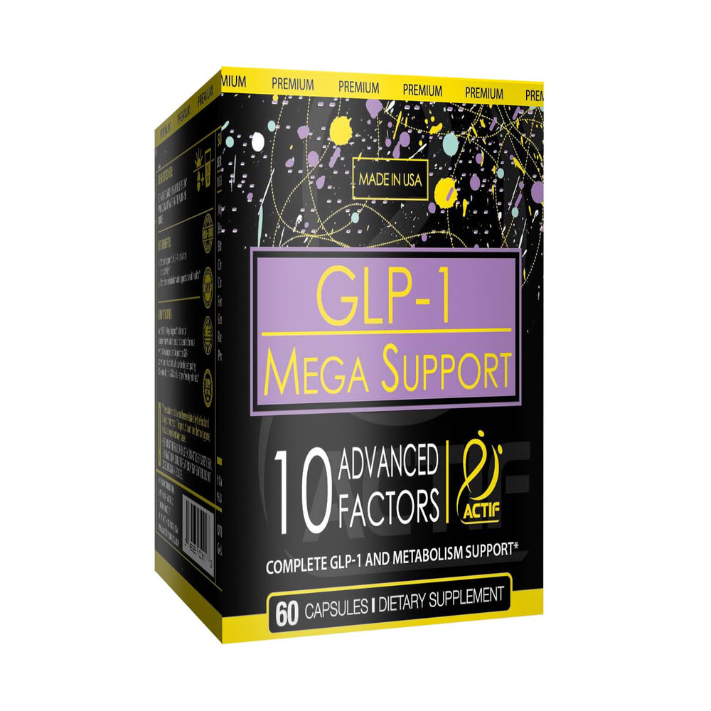 ACTIF GLP-1 Mega Support label design emphasizing non-GMO and gluten-free features