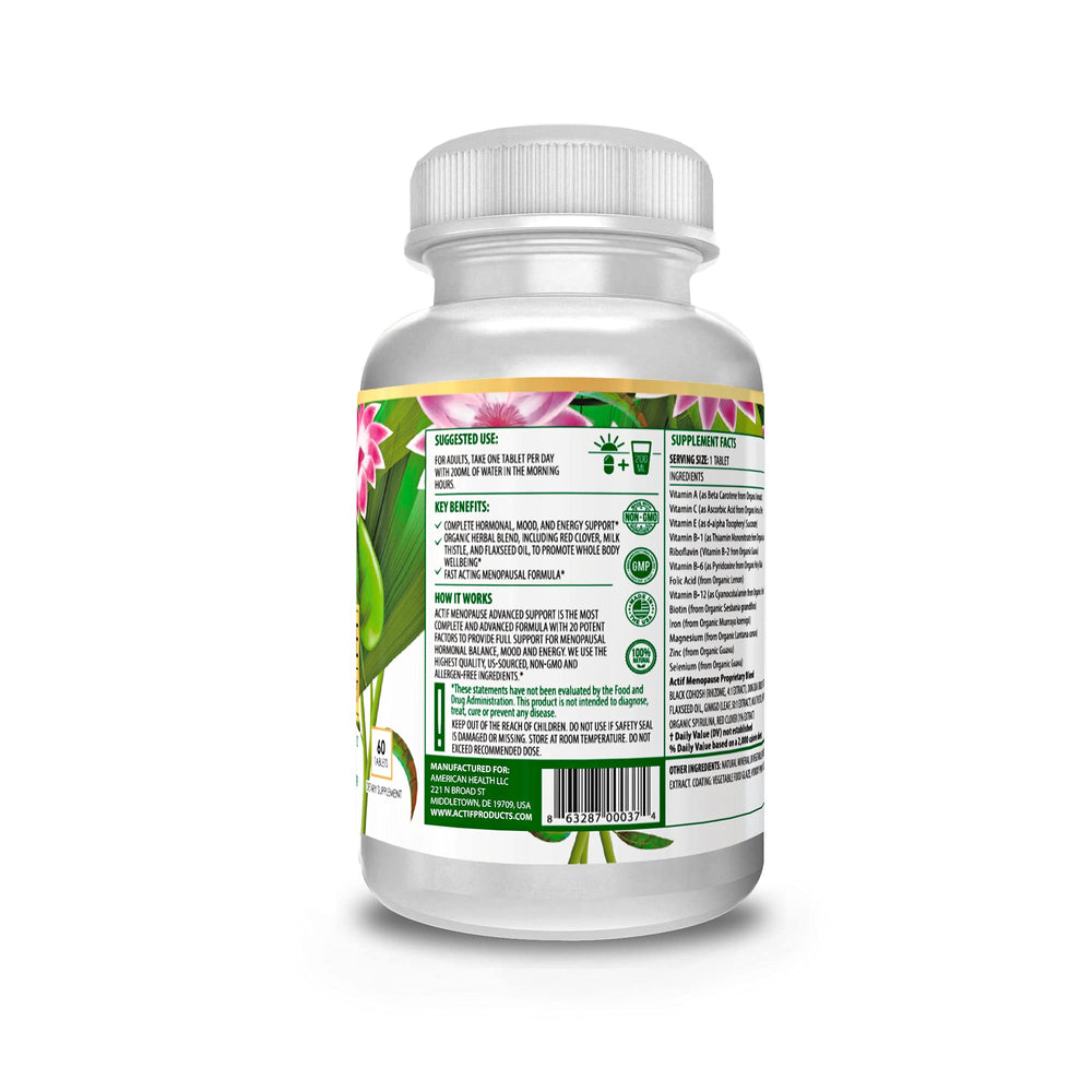 ACTIF Menopause Advanced Support herbal blend emphasizes organic ingredients for well-being.