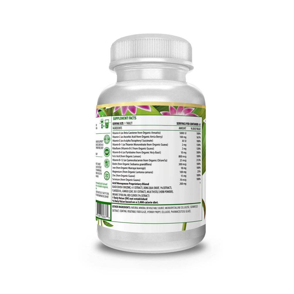 ACTIF Menopause Advanced Support packaging shows non-GMO and gluten-free credentials.