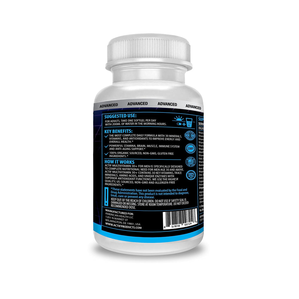 ACTIF Multivitamin ingredients close-up shows organic herbs for wellness.